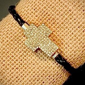 Stylish Gold and Rhinestone Cross Bracelet with Braided Black Band